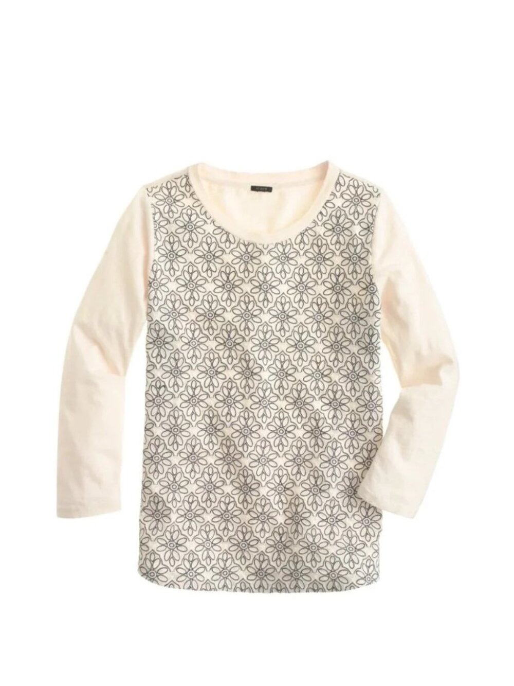 J. Crew black & cream embroidered floral 3/4 sleeve cotton knit top